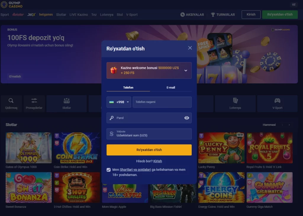 Olimp Casino UZ ga ro'yxatdan o'tish va kirish