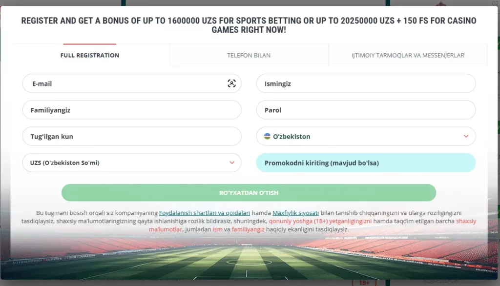22Bet Casino Uzbekistan Form Registration