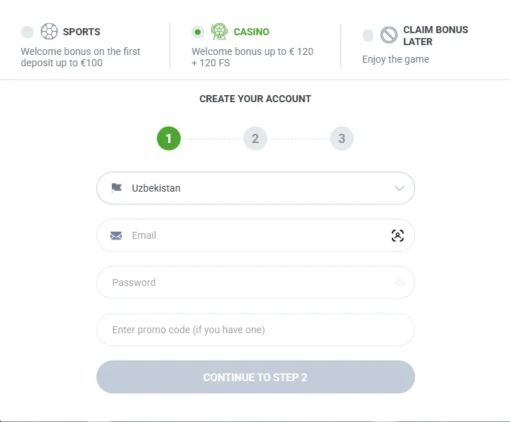 20Bet Online Casino Register Form