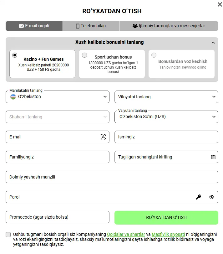 FunPari Casino Register Form