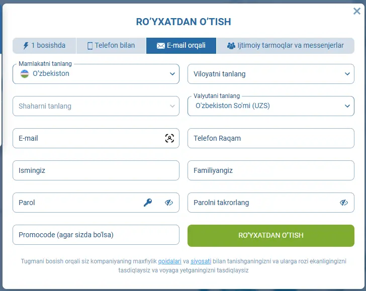 1xBet Online Casino Register Form