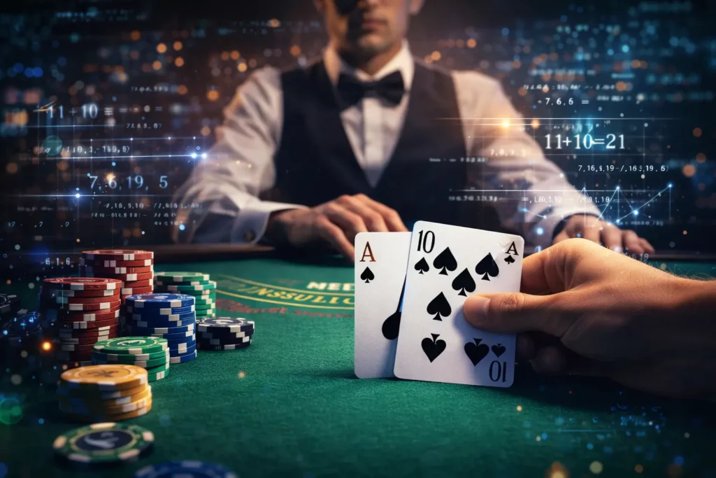 Blekjek stolida karta va chiplar