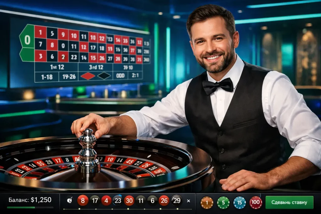 Jonli kazino studiyasida ruletka stolida ishlayotgan erkak diler.