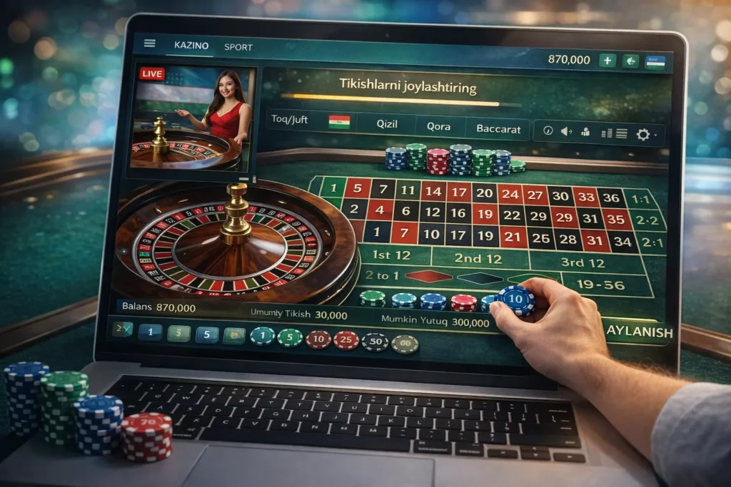 Noutbuk ekranida jonli rus ruletkasi o‘yini jarayoni.